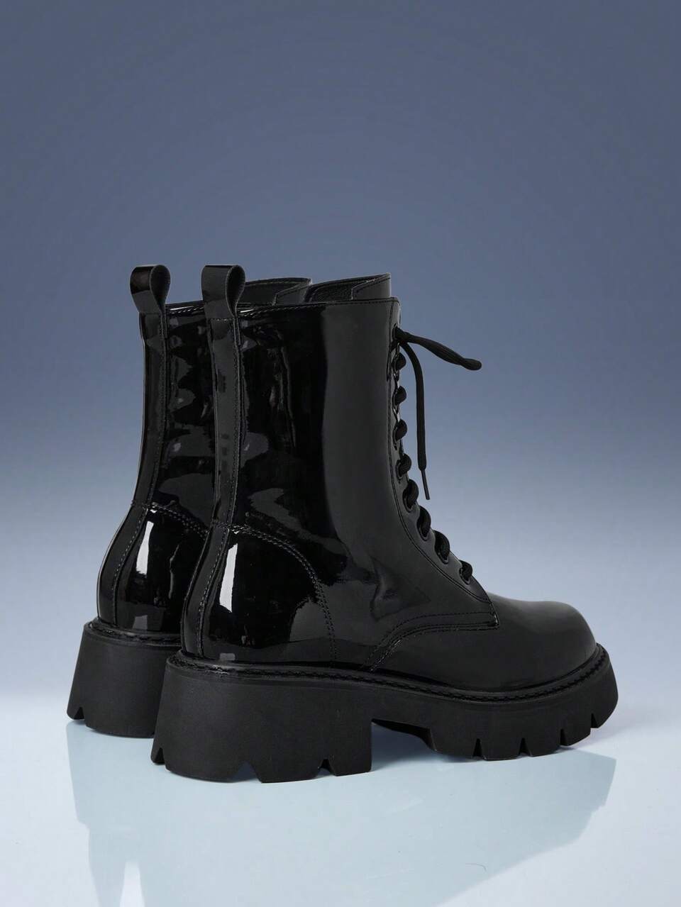 CUCCOO GRLICON Autumn And Winter Black Glossy Patent Leather Thick-Soled Medium Boots Women's Lace-Up Side Zipper Round Toe Heightening British Style Sweet Cool Fall Boots