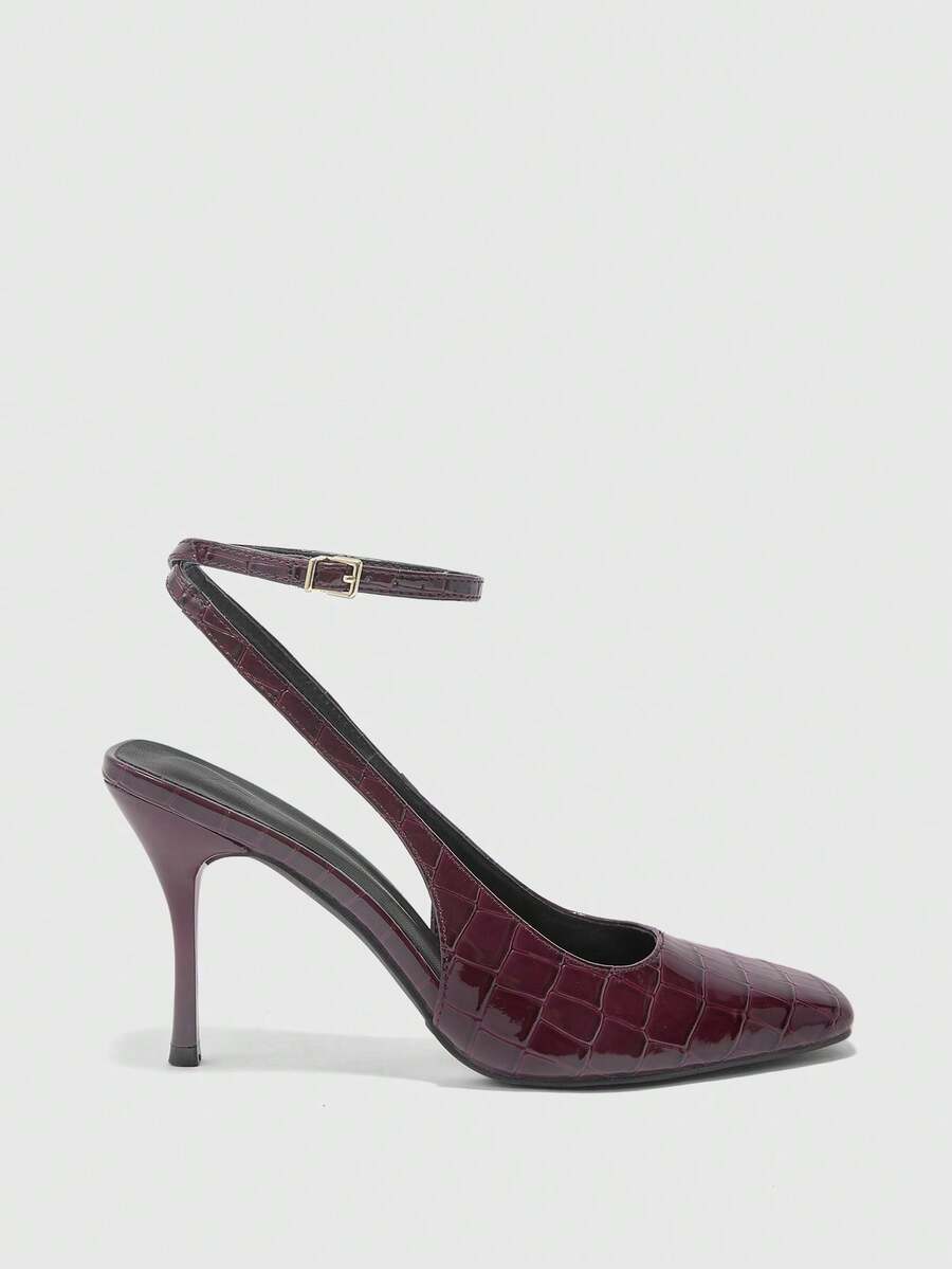 CUCCOO BIZCHIC Square Toe Patent Leather Women's Shoes, Elegant Elegant For Business Commuting, Fashionable And Versatile Back Lace-Up Solid Color Embossed Fall Shoes - Burgundy - View 1