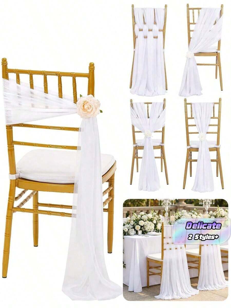 10pcs Elegant White Chiffon Chair Back Sash Set, Corridor Wedding Chair Back Decor, Church Banquet Ceremony Reception Chair Set, Photography Props, Birthday Party Home Decor - White - View 1