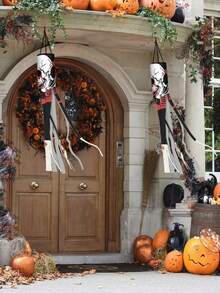 2PCS 39 Inch Halloween Skeleton Windsock Flag Outdoor Hanging Decoration Waterproof Weatherproof Black White Skull Yard Sign Garden Patio Lawn Path Party Decor Fall Autumn Halloween Decor Supplies Must Haves - Multicolor - View 8
