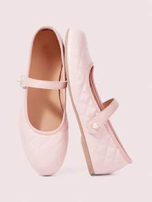 CUCCOO DOLLMOD Light Pink Rhombus Pearl Mary Jane Flat Shoes, Faux Pearl Decorative Buckle Fall Shoes - Pink - View 1