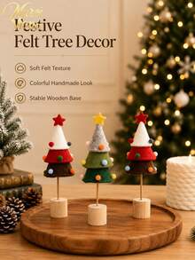 Muroi Mono Dekorasi Meja Pohon Natal dari Kain Felt, Pohon Mini Pom Pom Warna-warni dengan Alas Kayu, Ornamen Liburan Buatan Tangan yang Lucu untuk Rumah, Kantor, Meja, Rak & Dekorasi Pesta Natal - Beraneka warna - View 4