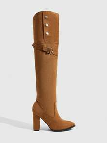 Daringsoles 2026 Autumn/Winter New Pointed Toe Thigh High Boots, Thick Heel Slim Fit Riding Boots With Belt Buckle Decor Fall Shoes - Yellow brown velvet - View 1