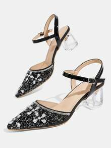 CUCCOO TILAWA Ladies' Fashionable And Elegant Pointed Crystal Heel, Rhinestone Pointed Laser Lace, Women's High-Heeled Shoes, Suitable For Banquets, Parties Fall Shoes - Black - View 7