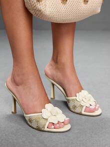 CUCCOO SZL 女款杏色玫瑰刺繡時尚度假氣質通勤圓頭高跟涼鞋 - 杏色PU - 查看 7