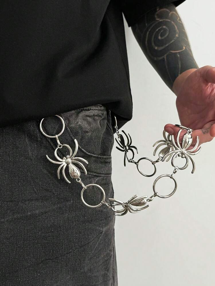 ROMWE Goth 1pc Dark Punk Spider Waist Chain, Personalized Geometric Chain Body Chain, For Pants Decoration, Daily Party Wear, Unisex, Jewelry Gift, Halloween - Silver - Big Spider - View 2