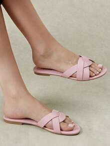 Styleloop Sandalias tipo chanclas cruzadas para mujer, estilo vacacional fresco, casual y cómodo para la playa - Rosa 01 - Ver 4
