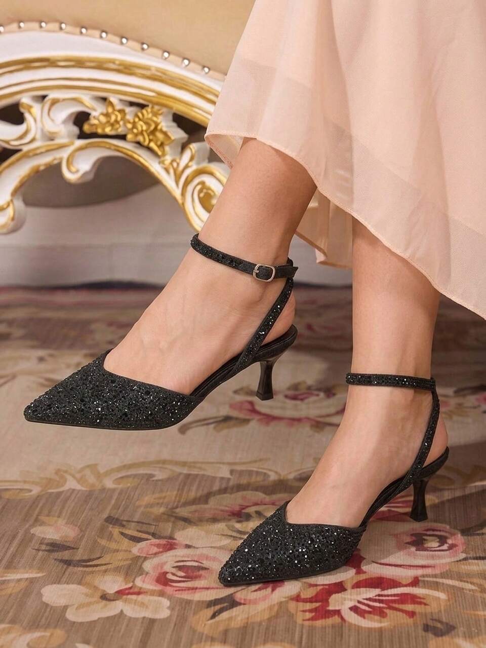 CUCCOO TILAWA Women Shoes Pointed Toe Slingback Stiletto Black Full Diamond Ankle Strap Sexy Fashion Gorgeous Banquet Party Ladies High Heel Shoes Fall Shoes