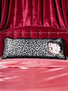 Betty Boop x SHEIN 1Pc Cute Cartoon Black Leopard Print Girl Pattern Pillow Cover, Black Ruffle Edge Design, Satin Material, Comfortable And Cool, Suitable For Spring And Summer Waist Pillows, Retro Bedding, Preferred For Gifts - Black - View 2