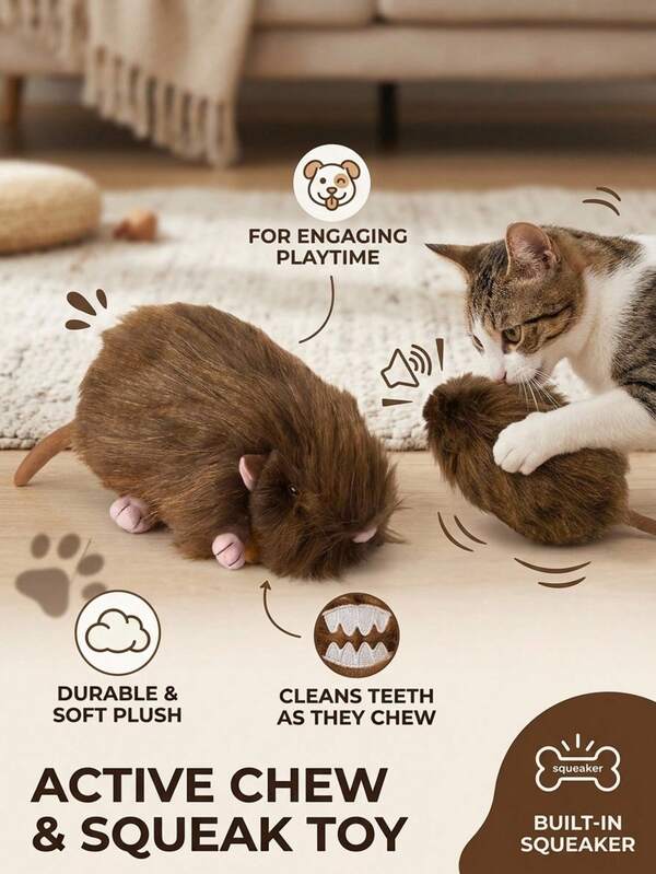 PETSIN Juguete de peluche de ratón realista y esponjoso para perros, juguete de masticar con sonido para mascotas, juguete interactivo de dentición para cachorros de perros pequeños y medianos, alivia la ansiedad por separación y el aburrimiento