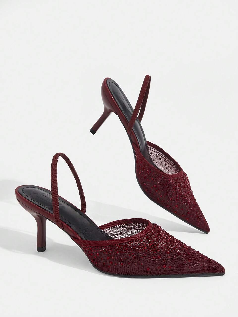 CUCCOO TILAWA Ladies Burgundy Mesh Full Of Rhinestone Pointed Toe High Heels Slippers Thin Single Ankle Strap Thin Straight High Heels Mules Shoes Elegant Dinner