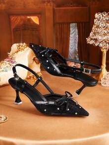 CUCCOO TILAWA Pointed Toe Breathable Mesh Hollow Bow Backless Fashionable Versatile Sexy Fairy Party Commute Black High Heels - Black - View 1