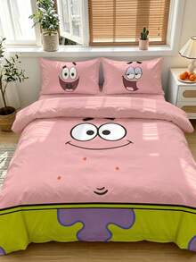 SpongeBob SquarePants | SHEIN 3件組卡通圖案被套組，柔軟保暖，可機洗，適用單人/雙人/Queen/King尺寸床 - 派大星豆沙色 - 查看 4