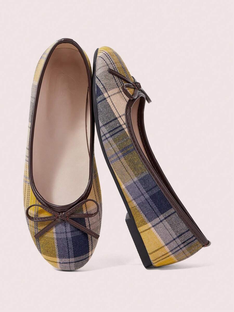 CUCCOO DOLLMOD Women's Plaid Ballet Flats, Round Toe Bow Slip-On Shoes, Retro College Style Daily Comfortable Commuting Women's Shoes - Yellow - View 1