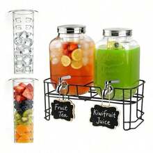 2 Pcs 1 Gallon Glass Beverage Dispenser Set With Black Metal Rack, 304 Stainless Steel Faucet, Detachable Fruit Infuser Tubes And Mini Chalkboards, Large Transparent Juice Iced Tea Container For Home Wedding Outdoor Party - Transparent - View 12