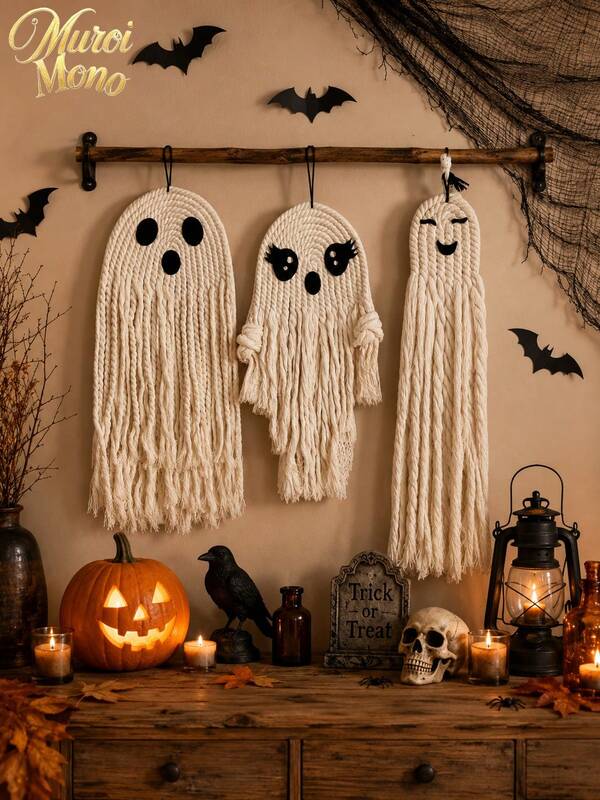 Muroi Mono Halloween Boho Ghost Wall Hanging, Handmade Macrame Cotton Rope Ghost Decor, CuteSpooky Hanging Ornament For Wall, Door, Bedroom, Living Room & Halloween PartyDecoration