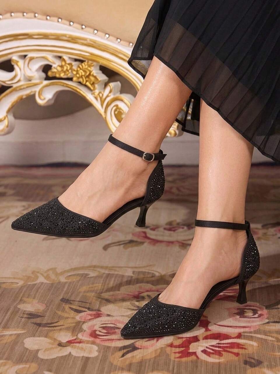 CUCCOO TILAWA Women Shoes Pointed Thin High Heel Black Rhinestone Ankle Strap Sexy Fashion Gorgeous Banquet Party Ladies High Heel Shoes Hollow Women's Shoes Fall Shoes