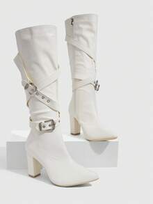 Daringsoles Women's Fashion Adjustable Buckle Chunky High Heel Knee-High Boots Fall Boots - White - View 3