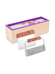Bộ khuôn xà phòng silicon hình chữ nhật kèm hộp gỗ và dao cắt, bộ dụng cụ làm xà phòng thủ công bền, dễ tách khuôn, chống dính, dùng được trong lò nướng và máy rửa bát, quà tặng thủ công handmade - Màu tím - Xem 2