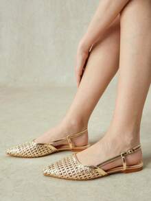 Styleloop Ladies Pointed Real Woven Splicing Daily Travel Casual Versatile Fashion Sandals Flat - Gold 1 - View 12