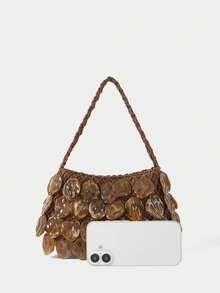 SHECARRY Ladies Fashionable Elegant Simple Handmade Irregular Leaves Hanging Leaves Rhombus Grid Ladies Handbag, Party Dating Banquet - Brown - View 5