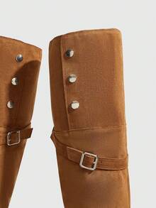 Daringsoles 2026 Autumn/Winter New Pointed Toe Thigh High Boots, Thick Heel Slim Fit Riding Boots With Belt Buckle Decor Fall Shoes - Yellow brown velvet - View 2