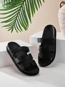 SHUZIA Faux Leather Cutout Design Black Pu Detailing Slip On Sandals Valentine's Day Summer Shoes - Black - View 4