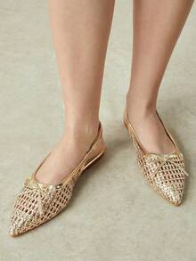 Styleloop Ladies Pointed Real Woven Splicing Daily Travel Casual Versatile Fashion Sandals Flat Summer Shoes - Gold 4 - View 2