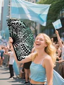 1PC Large Polyester Folding Fan Print Handheld Shake Fan Stage Performance Party Gathering Decoration Summer Beach Luau Tiki Hula Dance Prop Lightweight Durable Portable Windy Cooling Hawaiian Tropical Style Boho Decor Festival Event - multicolor - View 2