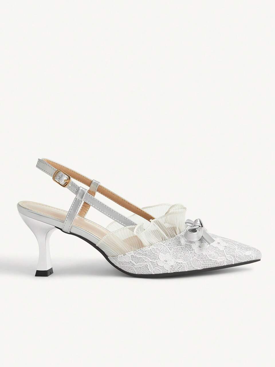CUCCOO CHICEST Women's Silver And White Lace Mesh Pointed Toe Slingback Sandals Women's Bow Buckle With Wine Glass And Closed Toe Low Vamp Fairy Style High