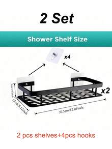 2 PcsLarge Capacity Wall Mounted Shower Caddy | No Drilling Installation, Space Saving, Easy To Install | Bathroom And Kitchen Floating Storage Rack For Toiletries, Cosmetics And Miscellaneous Items [Space Saving | No Drilling Required] - Black - View 12