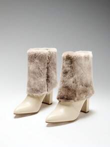 SHUZIA Women's Glamorous Foldable Faux Fur Lining Sexy Knee-High Block Heel Boots - White - View 4