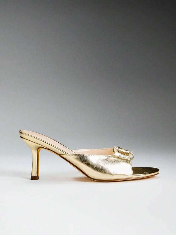 SHUZIA Fashionable Ladie's Gold Faux Leather Pu Short Heeled Mule Almond-Toe Slip-On Comfort Spring Summer Chic Holiday Shoes Vacation