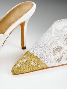 SHEIN SHUZIA Women's Gold Decor Pointy Toe Everyday Romantic Chic Sexy Party Lace Stiletto Mules - White - View 4