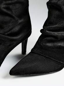 SHEIN SHUZIA Women's Pointed Toe Slouch Pull On Stiletto Heel Slim Fit Mid Calf Fashion Boots - Black - View 4