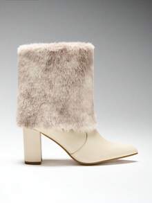 SHUZIA Women's Glamorous Foldable Faux Fur Lining Sexy Knee-High Block Heel Boots - White - View 3