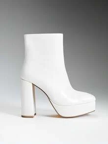 SHUZIA Women Shoes Classic Bootie Inner Zipper Square Toe Platform Block Heel Platform Bootie PU White Bootie Summer Shoes Spring Shoes Spring Break Easter Mother's Day Present - White - View 4
