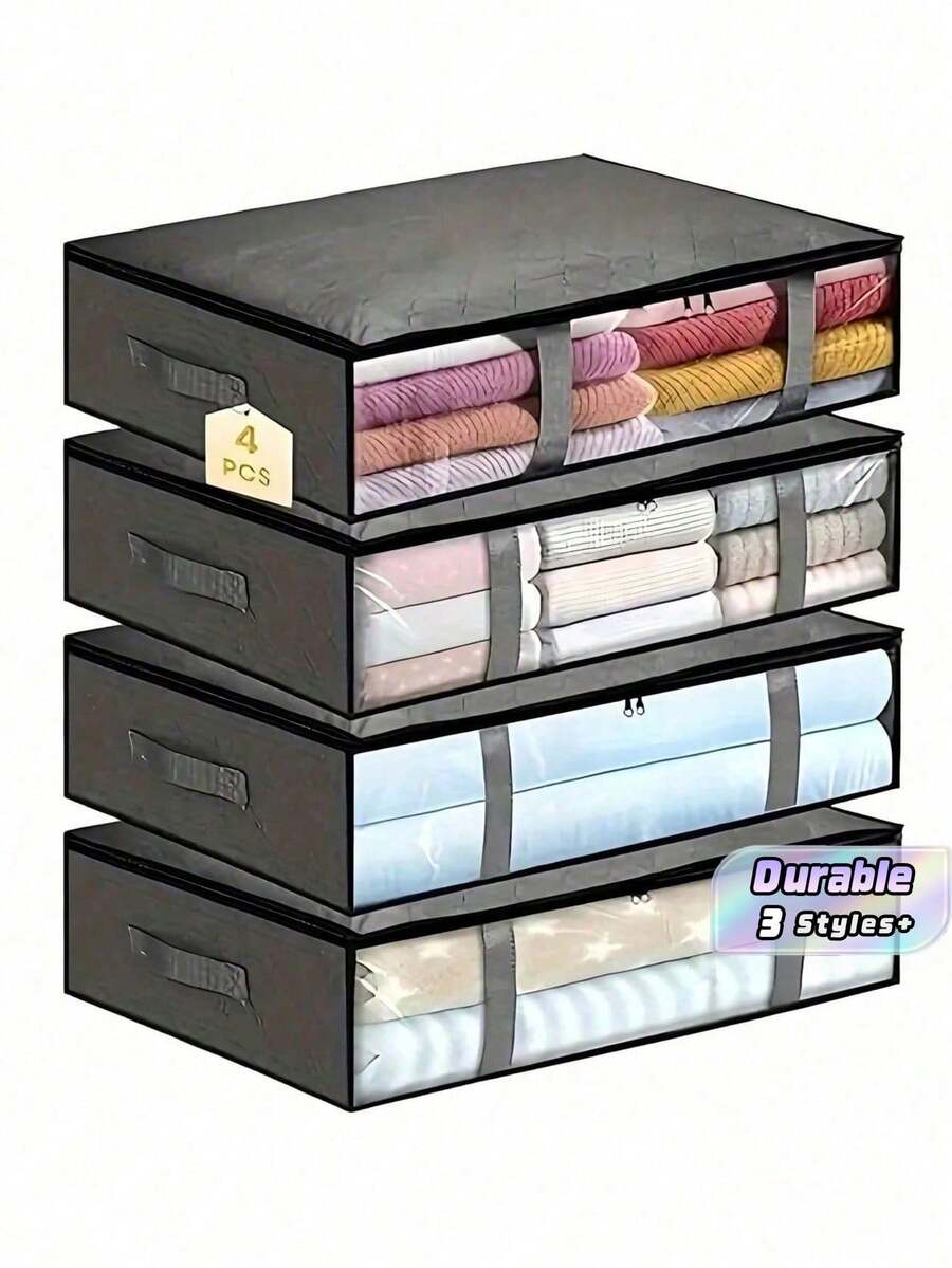 1 Piece / 2 Pieces / 4 Pieces Set. Durable Oxford Cloth, Foldable Zipper, Airtight, Lightweight Handle, Deep Gray Bed-Floor Storage Bag. Multi-Functional Household Storage Box For Closets, Rentals, And Homes. - Grey - View 1
