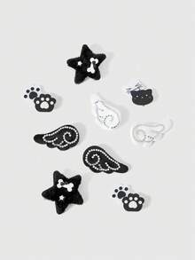 ROMWE Kawaii 9 Random Cute Wings Hairpins, Black And White Plush Rhinestone Hairpins Combination, Lolita Multi-Piece Hair Accessories Sets - Black and White - View 2