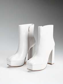 SHUZIA Women Shoes Classic Bootie Inner Zipper Square Toe Platform Block Heel Platform Bootie PU White Bootie Summer Shoes Spring Shoes Spring Break Easter Mother's Day Present - White - View 5