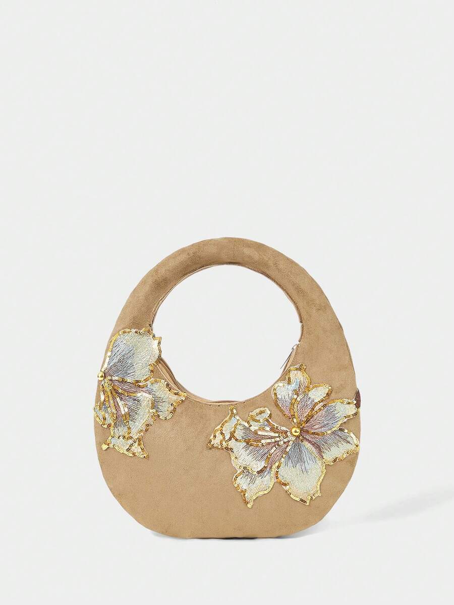 SHECARRY Women's Fashion Khaki Handbag, Delicate Sequined Flower Decoration, Soft Suede Round Bag For Daily Use, Shopping, Vacation, Dating - Khaki 1 - View 1