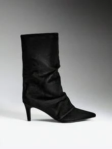 SHEIN SHUZIA Women's Pointed Toe Slouch Pull On Stiletto Heel Slim Fit Mid Calf Fashion Boots - Black - View 2