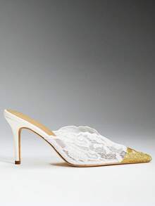 SHEIN SHUZIA Women's Gold Decor Pointy Toe Everyday Romantic Chic Sexy Party Lace Stiletto Mules - White - View 3