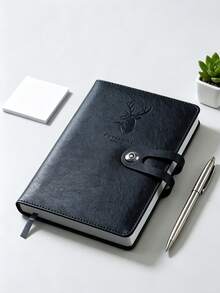 1Pc Deer Embossed PU Leather Notebook, Snap Button Closure Business Journal, Office School Writing Diary Notepad, Christmas Xmas Small Gift - black - View 5