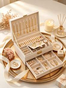 1Pc Large-Capacity 3-Tier PU Leather Lockable Jewelry Box, Soft Lining Anti-Scratch Portable Drawer Organizer For Rings, Earrings, Necklaces & Watches, Elegant Vanity Storage Case, Ideal For Home Dresser, Holiday, Wedding & Housewarming Gift Supplies - multicolor - View 6