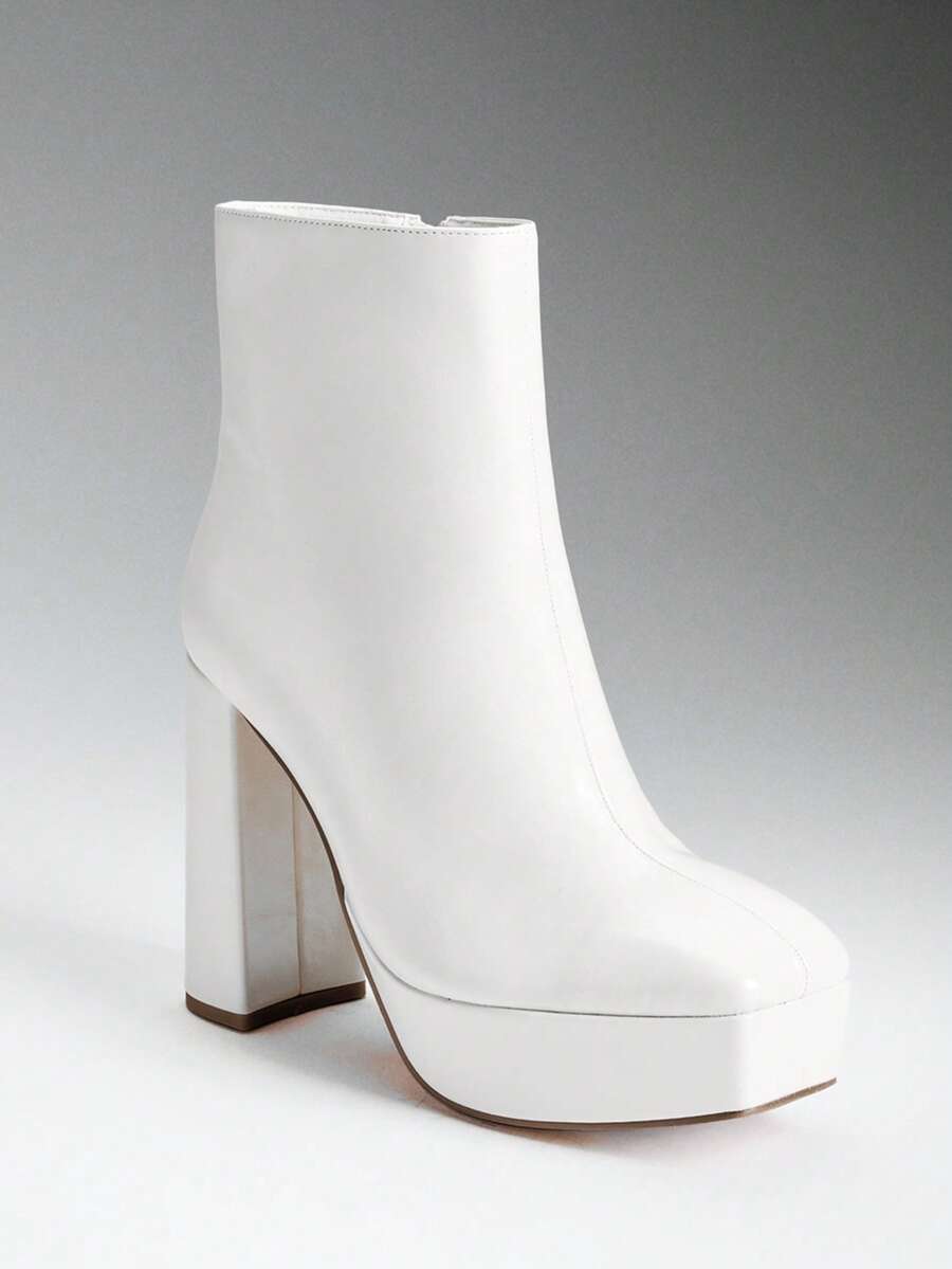 SHUZIA Women Shoes Classic Bootie Inner Zipper Square Toe Platform Block Heel Platform Bootie PU White Bootie Summer Shoes Spring Shoes Spring Break Easter Mother's Day Present - White - View 1