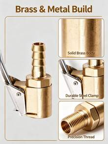 Golden Female Thread Air Chuck With American Male Connector, Heavy Duty Lock-On Tire Inflator Chuck With Clip, Copper Material, Fast Air Flow For Tire Inflation - multicolor - View 5