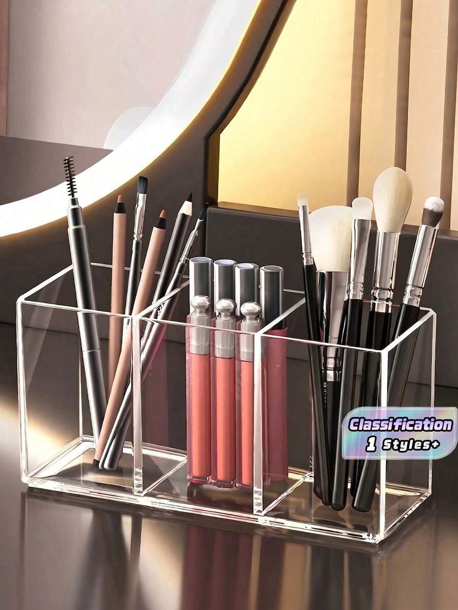 1pc 3‑Compartment Clear Plastic Makeup Brush Holder, Multifunctional Large‑Capacity Organizer For Brushes, Eyebrow Pencils & School Stationery Bathroom Countertop, Christmas Housewarming Birthday Gift, Vanity Decor, Desktop Storage, Cosmetic Display.