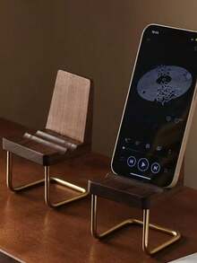 Creative Desktop Decor Wooden Brass Small Chair Solid Wood Phone Stand Walnut Tablet Stand - Brown - View 4