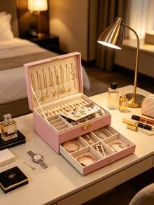1Pc Large-Capacity 3-Tier PU Leather Lockable Jewelry Box, Soft Lining Anti-Scratch Portable Drawer Organizer For Rings, Earrings, Necklaces & Watches, Elegant Vanity Storage Case, Ideal For Home Dresser, Holiday, Wedding & Housewarming Gift Supplies - multicolor - View 15